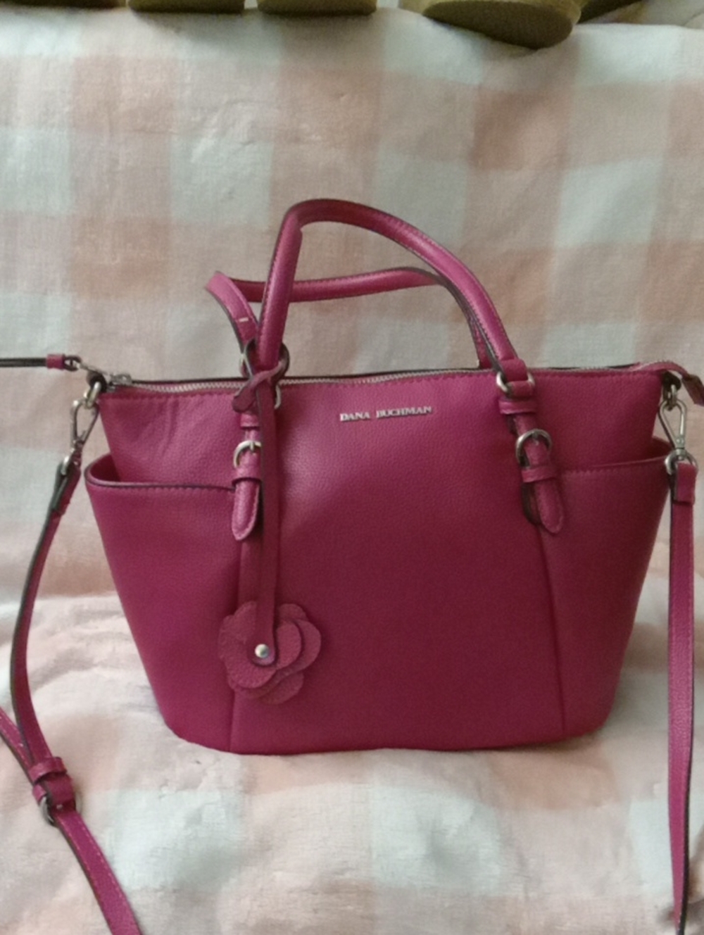 Dana Buchman Rose Pink Pebbled Leather Tote with Floral Charm